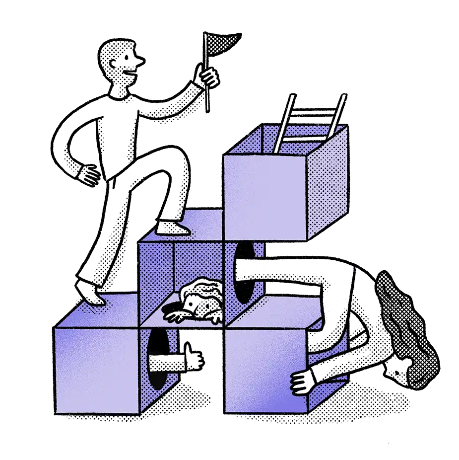 People moving around a stack of creative cubes.