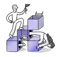 People moving around a stack of creative cubes.