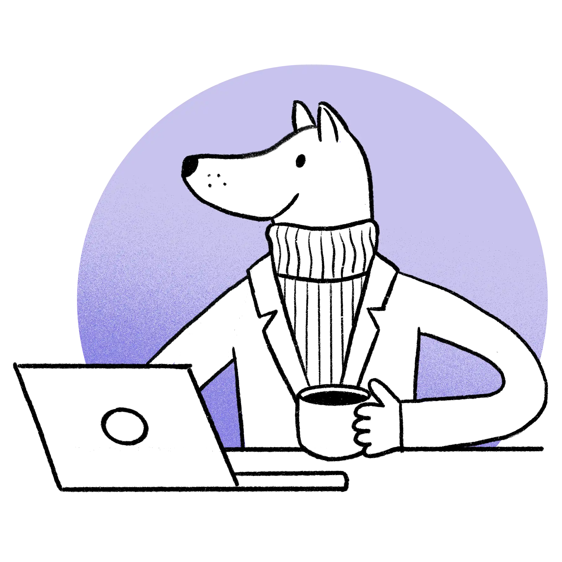 charming dog headed character at a desk, with a coffee and laptop, wearing a tutleneck sweather