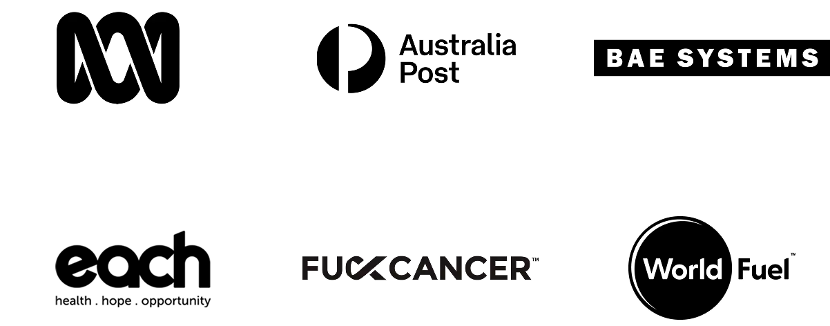 Grid of client logos. ABC, Australia Post, BAE systems, EACH, Fuck Cancer and World Fuel
